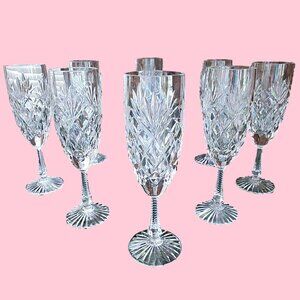 Vintage French Ornate Crystal Champagne Glasses Flute Set of 8